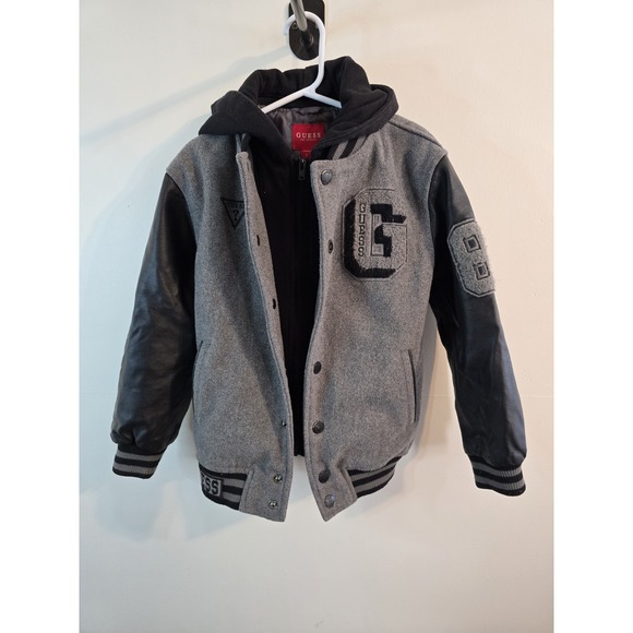 Guess Other - GUESS Boys Youth Varsity Wool Blend Hooded Jacket Full Zip Black & Gray Size 7